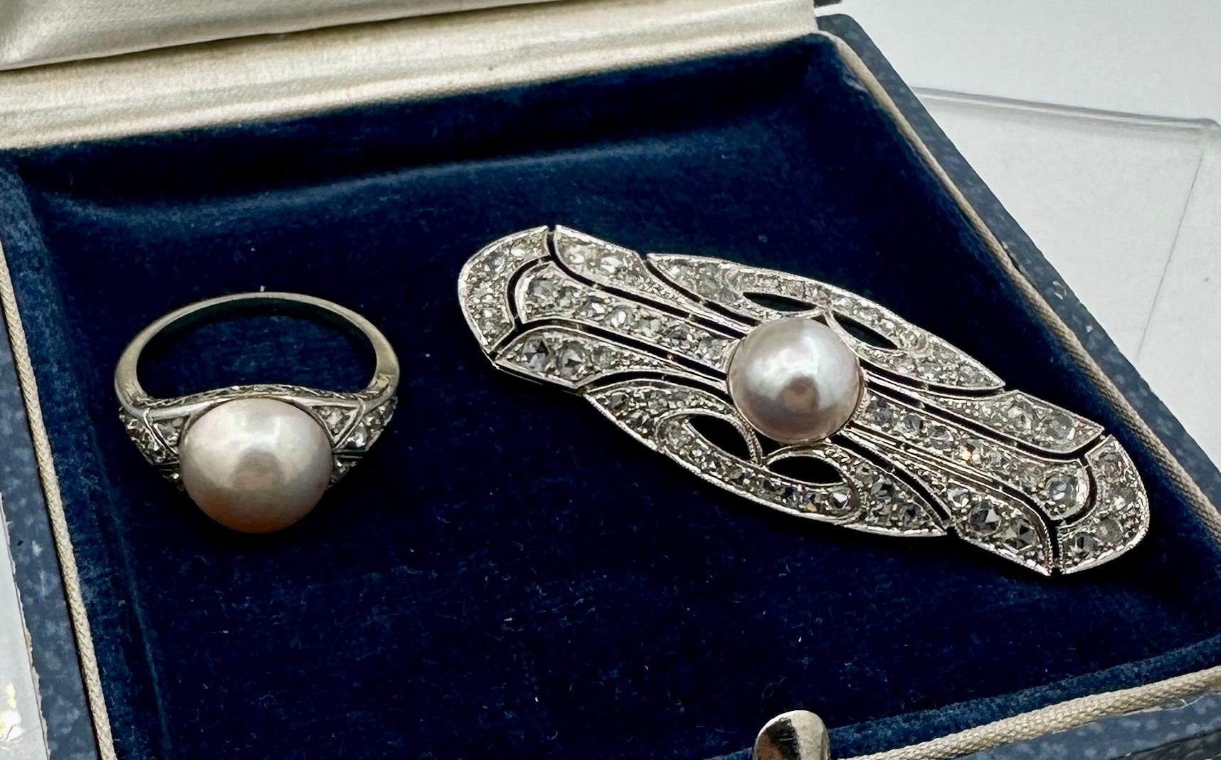 Art Deco Rose Cut Diamond Pearl Ring And Pin 18K Antique Wedding Engagement Ring For Sale 1