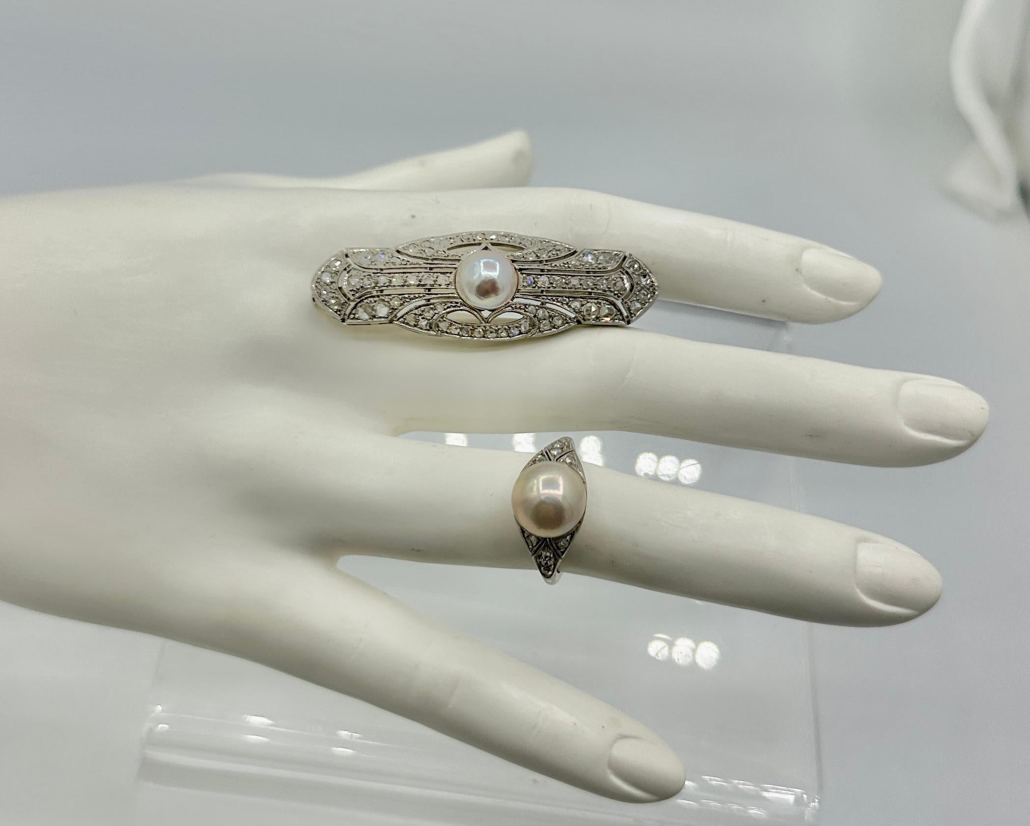 Art Deco Rose Cut Diamond Pearl Ring And Pin 18K Antique Wedding Engagement Ring For Sale 3