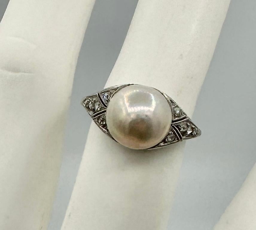 Art Deco Rose Cut Diamond Pearl Ring And Pin 18K Antique Wedding Engagement Ring For Sale 4