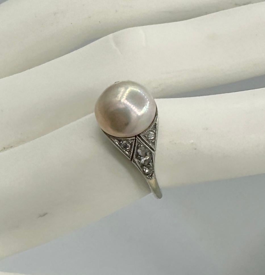 Art Deco Rose Cut Diamond Pearl Ring And Pin 18K Antique Wedding Engagement Ring For Sale 5
