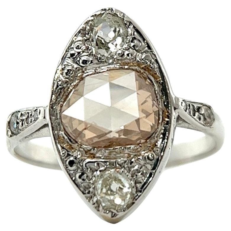 Art Deco Rose Cut Diamond Platinum Navette Dinner Ring
