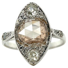 Art Deco Rose Cut Diamond Platinum Navette Dinner Ring