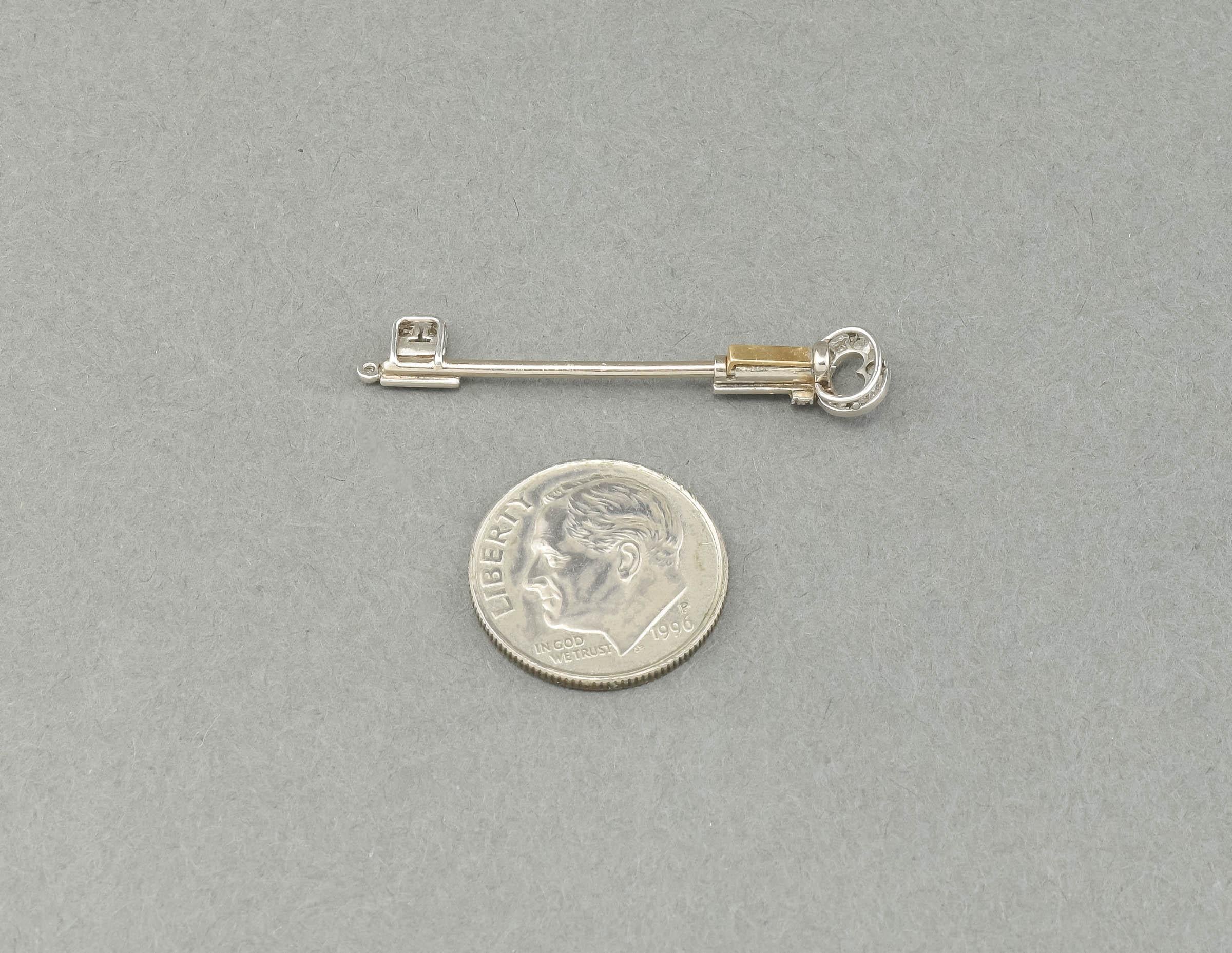Women's or Men's Art Deco Rose Cut Diamond Skeleton Key Jabot Pin in Platinum & 18K Gold For Sale