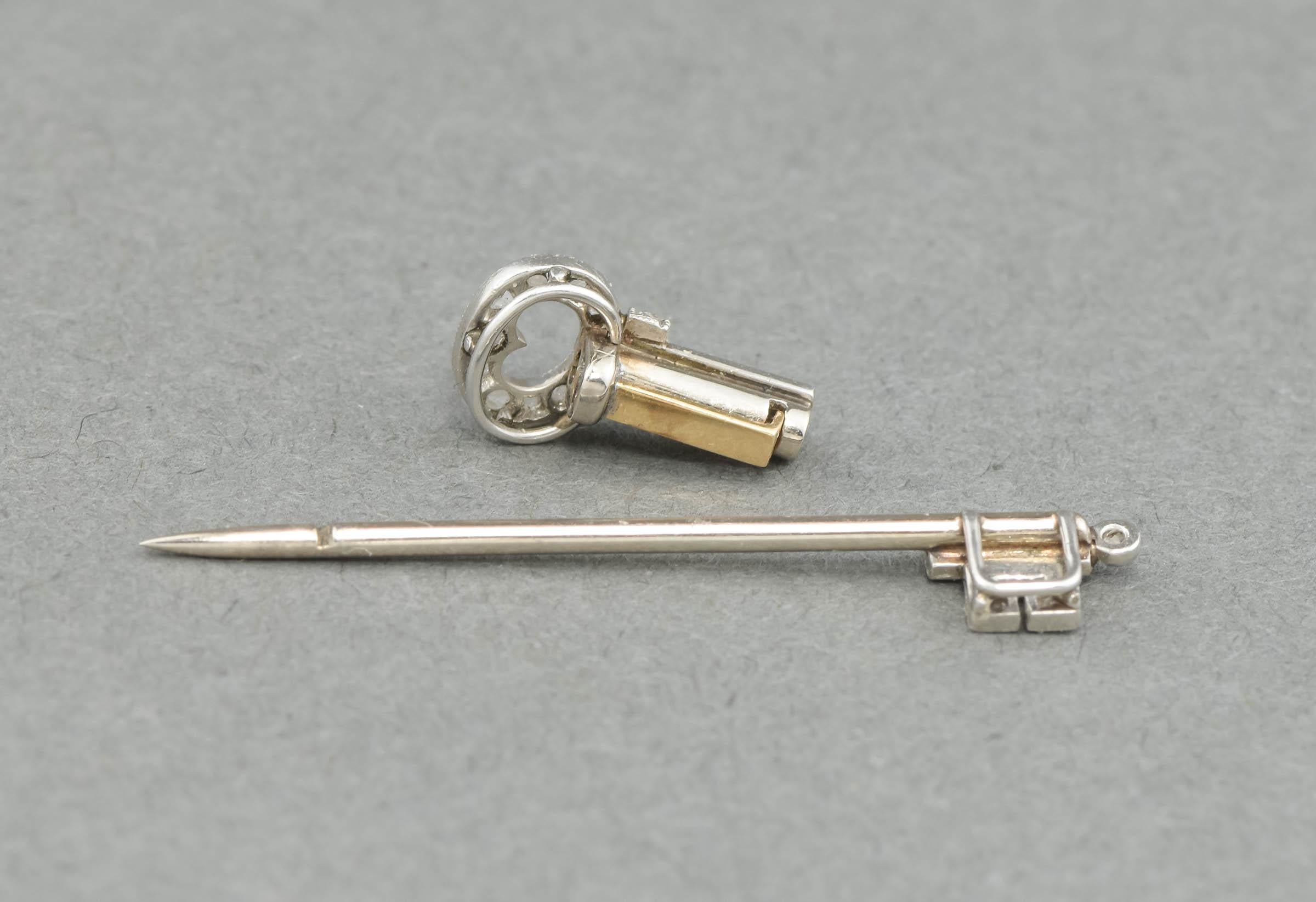 Art Deco Rose Cut Diamond Skeleton Key Jabot Pin in Platinum & 18K Gold For Sale 1