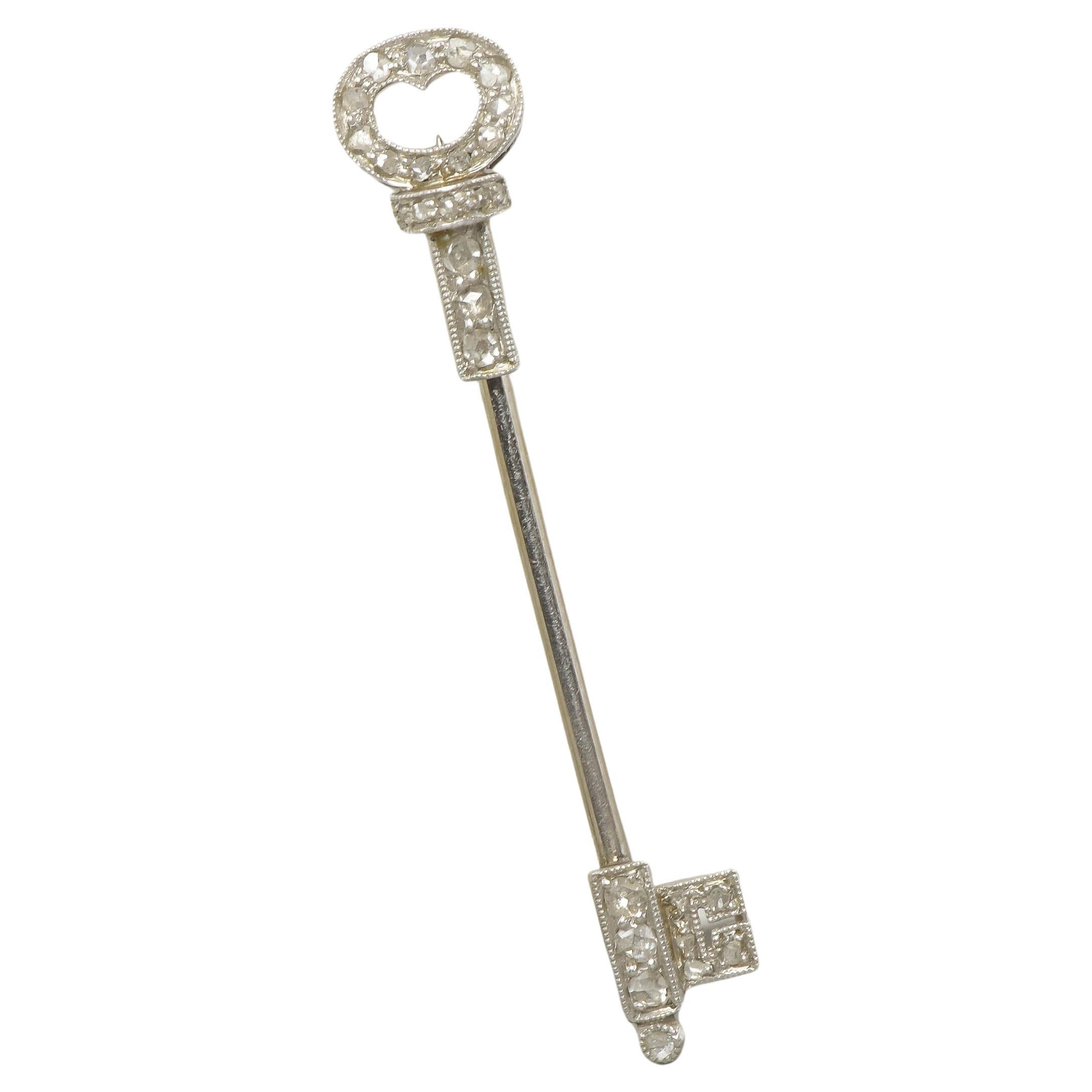 Art Deco Rose Cut Diamond Skeleton Key Jabot Pin in Platinum & 18K Gold