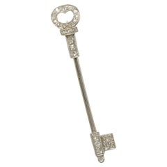 Art Deco Rose Cut Diamond Skeleton Key Jabot Pin in Platinum & 18K Gold