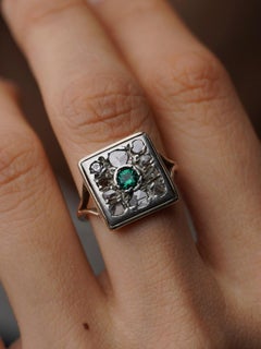 Art Deco Rose Cut Diamond Suqare Plaque Ring in 14K Gelb & Weißgold O / 7