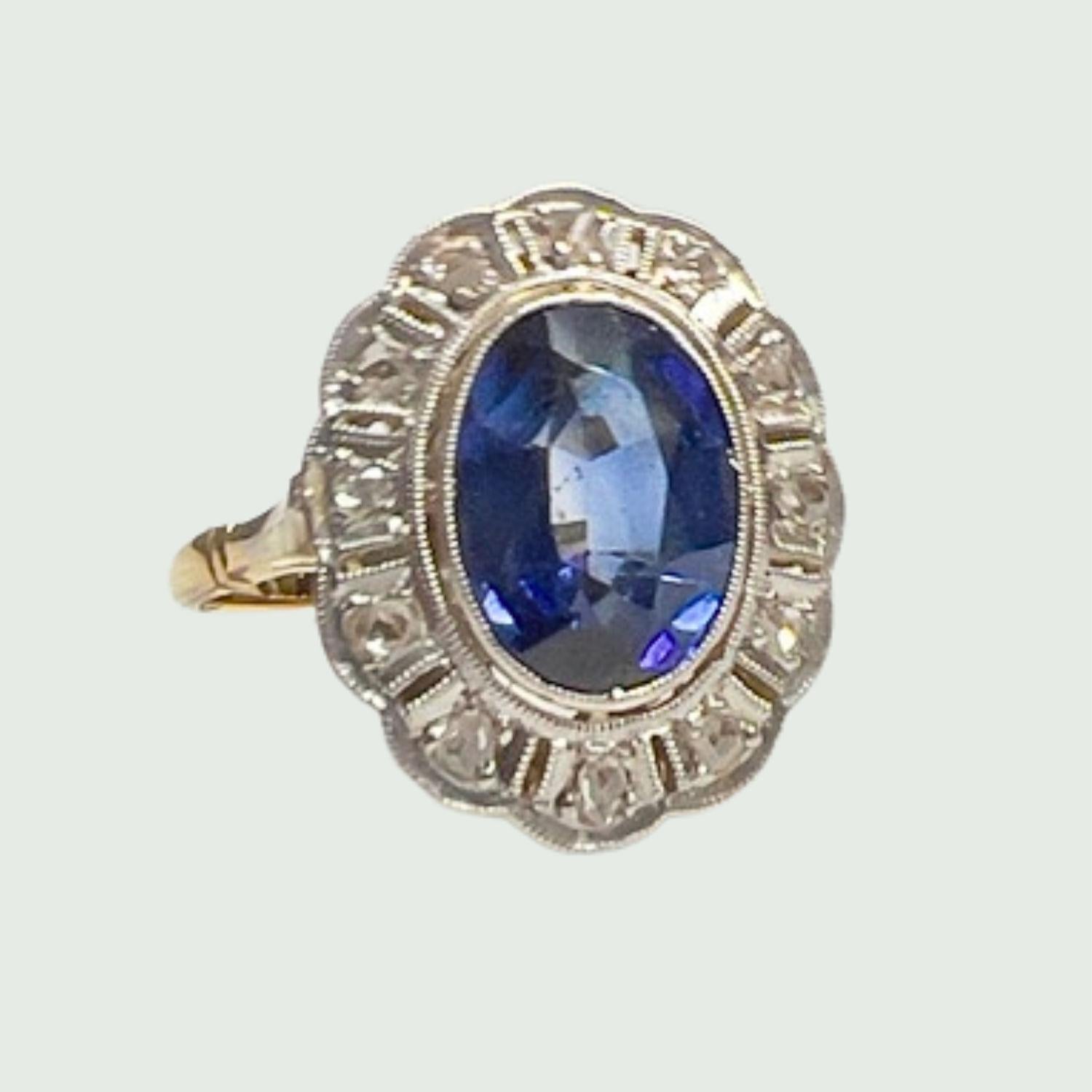 Women's Art Deco Rose-Cut Diamonds, and Sapphire 18k Gold Ring with Platinum