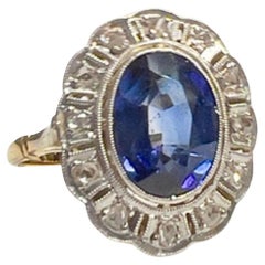 Art Deco Rose-Cut Diamonds, and Sapphire 18k Gold Ring with Platinum
