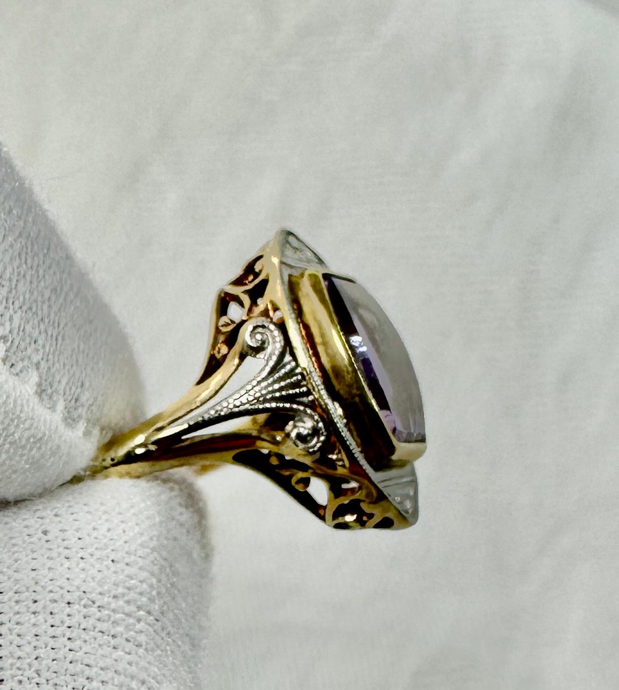 Cushion Cut Art Deco Rose De France Amethyst Ring Antique Platinum And Yellow Gold