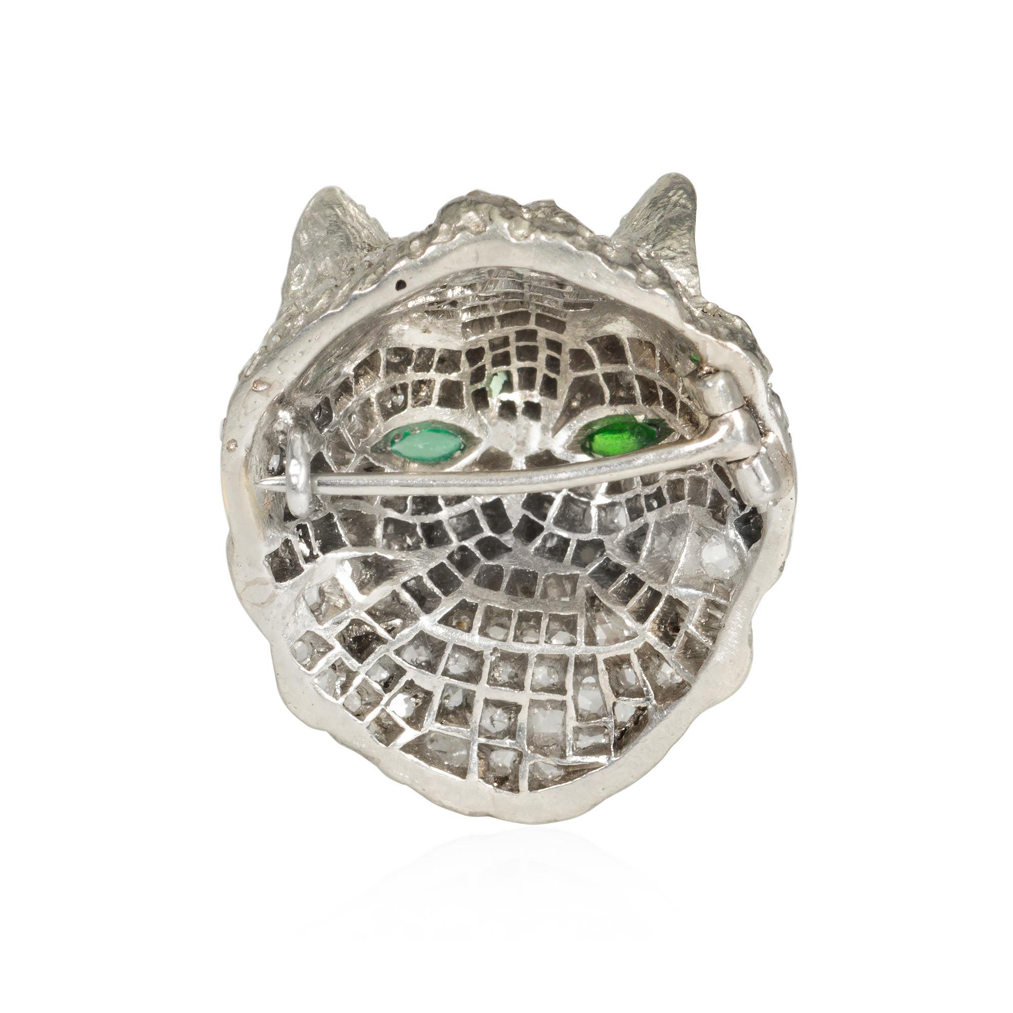 Rose Cut Art Deco Rose Diamond and Platinum Cat Brooch with Emerald Eyes For Sale