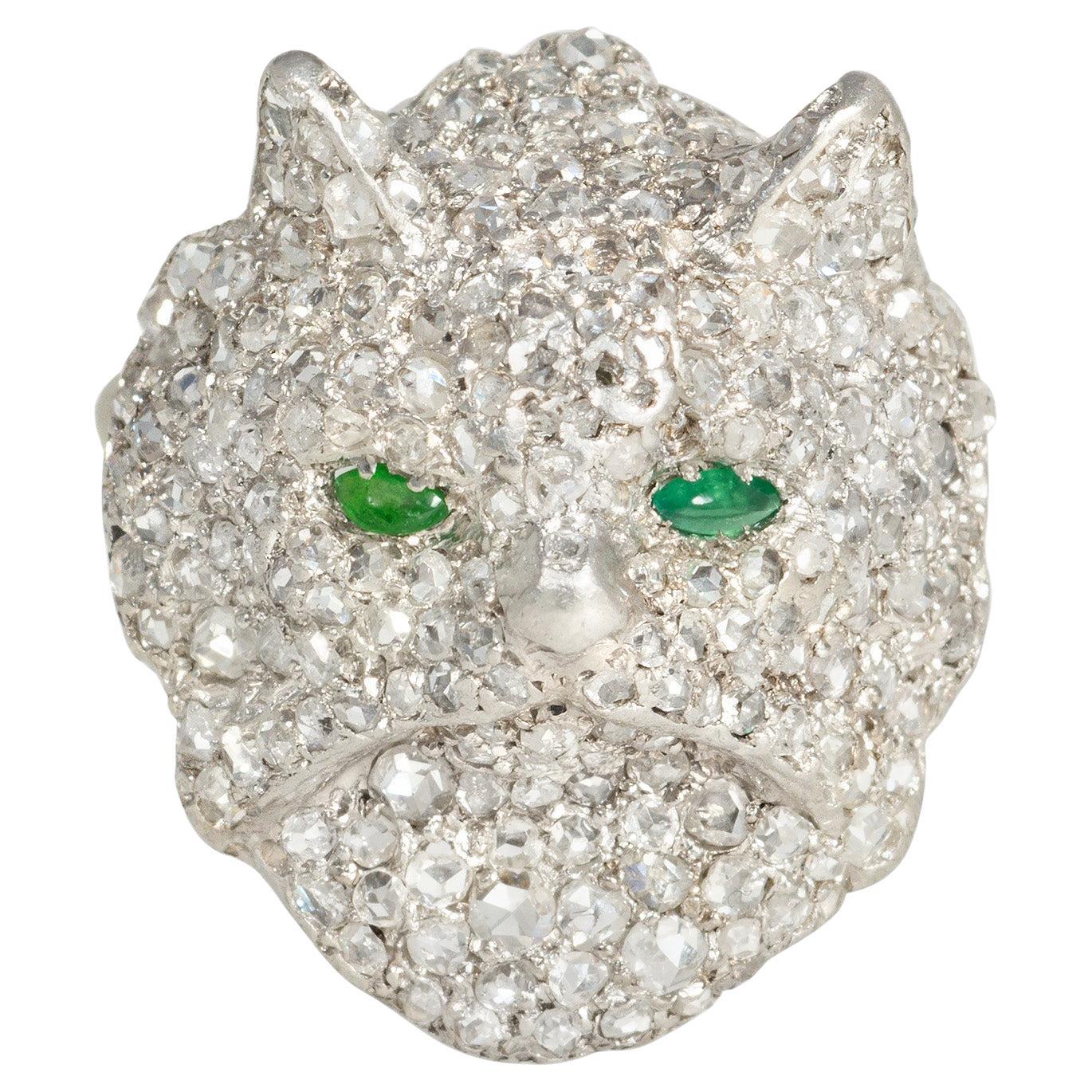Art Deco Rose Diamond and Platinum Cat Brooch with Emerald Eyes For Sale