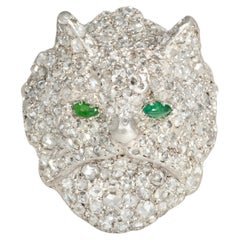 Art Deco Rose Diamond and Platinum Cat Brooch with Emerald Eyes