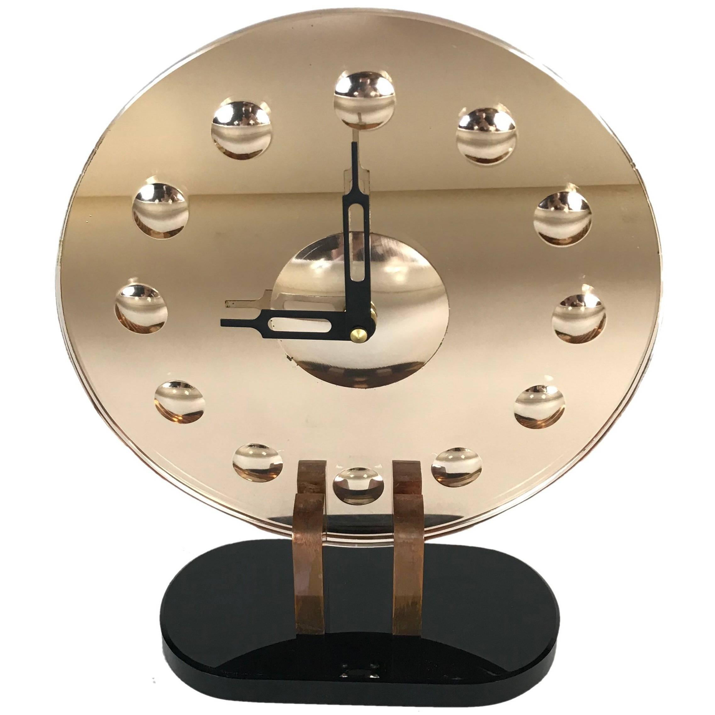 Art Deco Rose Gold Mirror Marble Clock in Fornasetti Style, 1930s, France