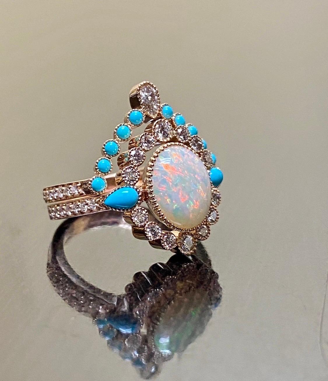 Art Deco Rose Gold Sleeping Beauty Turquoise Opal Diamond Engagement Bridal Set For Sale 3