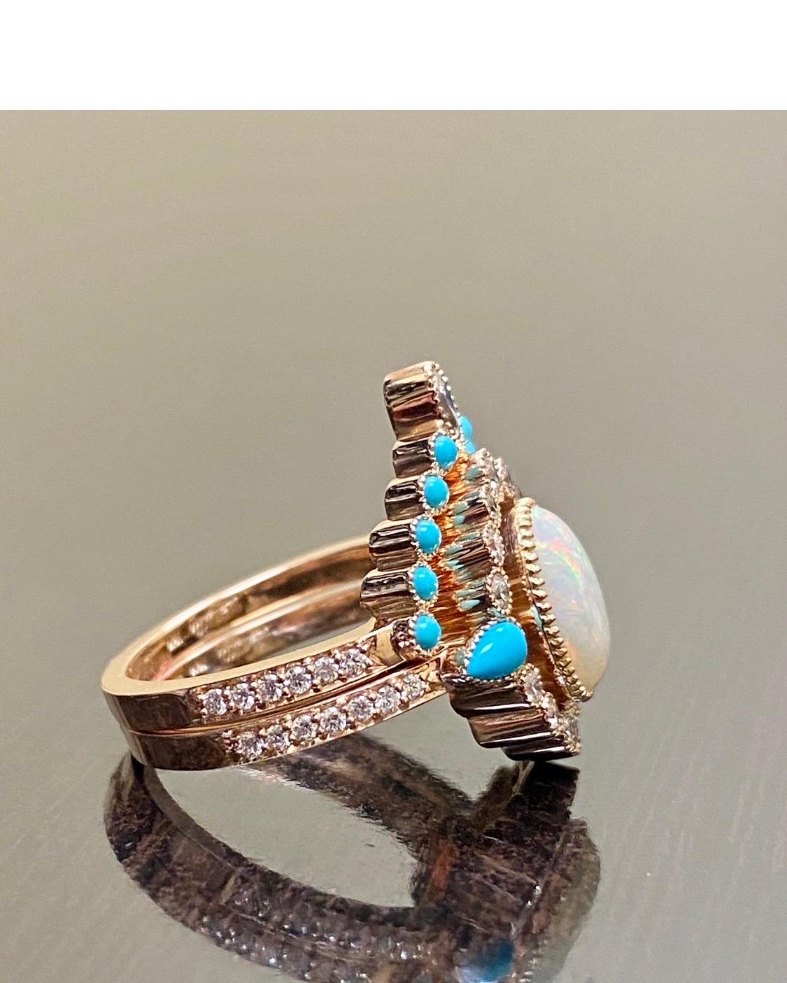 Art Deco Rose Gold Sleeping Beauty Turquoise Opal Diamond Engagement Bridal Set For Sale 4