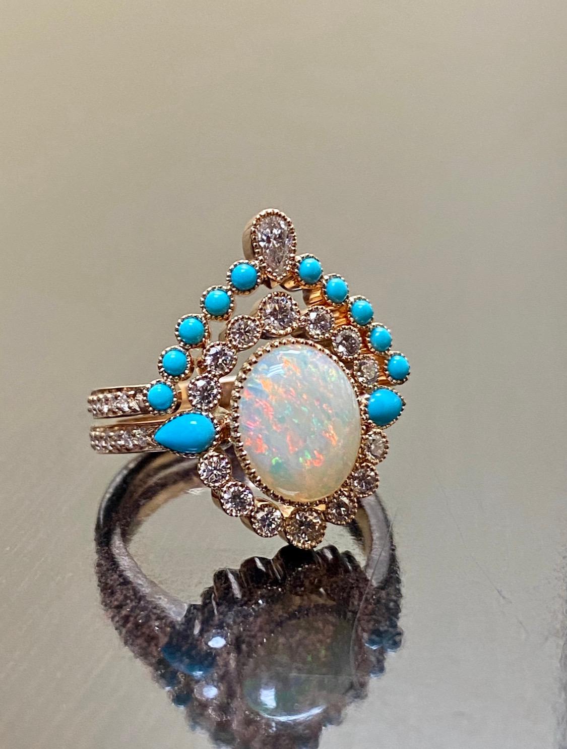 Art Deco Rose Gold Sleeping Beauty Turquoise Opal Diamond Engagement Bridal Set For Sale 5