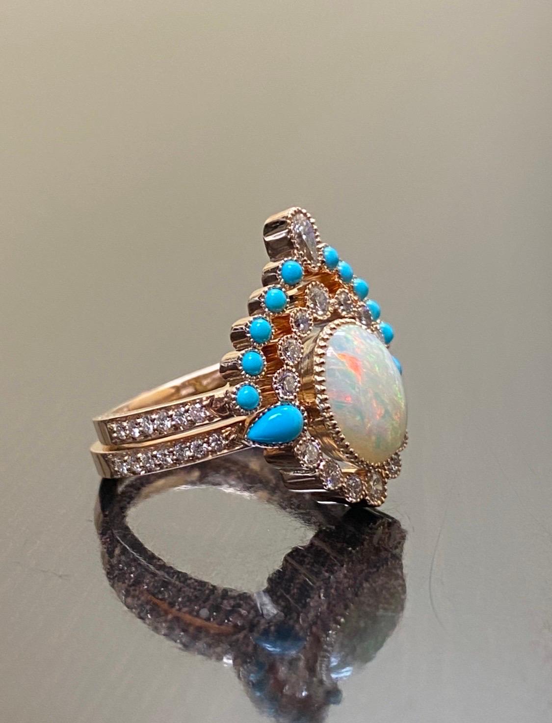 Art Deco Rose Gold Sleeping Beauty Turquoise Opal Diamond Engagement Bridal Set For Sale 6
