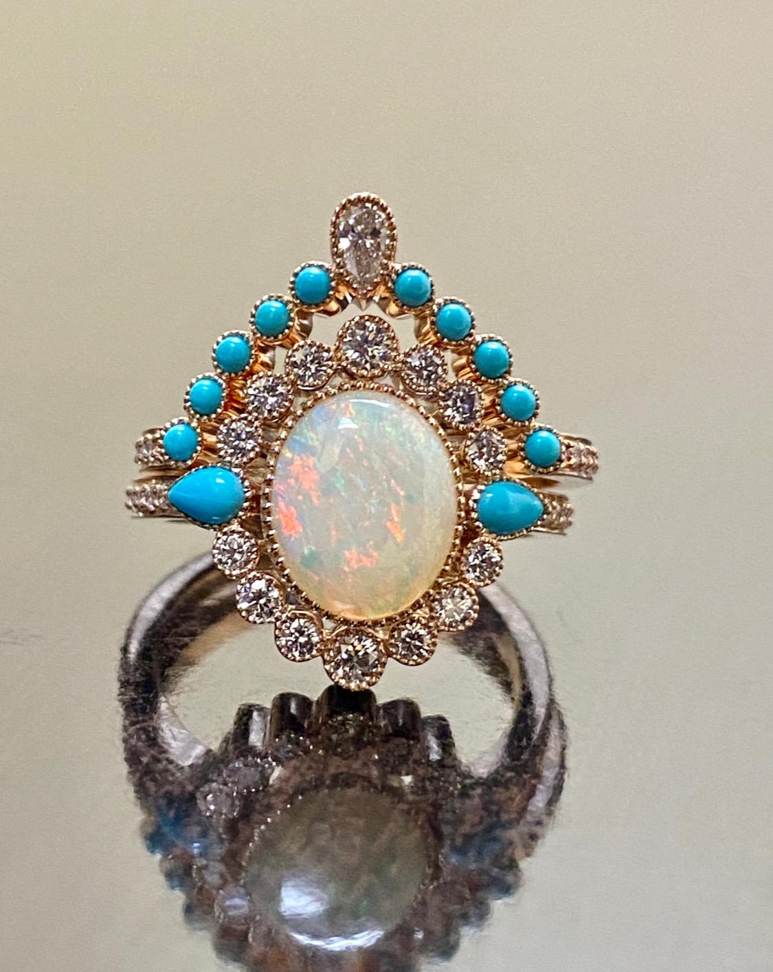 Art Deco Rose Gold Sleeping Beauty Turquoise Opal Diamond Engagement Bridal Set For Sale 8