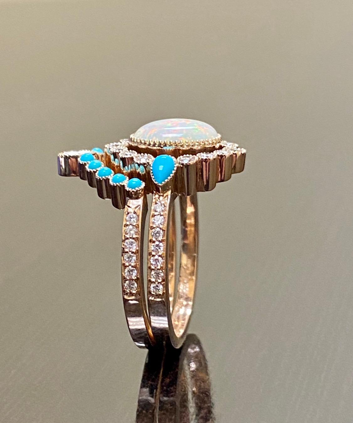 Art Deco Rose Gold Sleeping Beauty Turquoise Opal Diamond Engagement Bridal Set For Sale 9