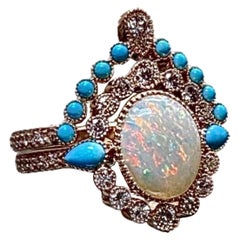 Art Deco Rose Gold Sleeping Beauty Turquoise Opal Diamond Engagement Bridal Set