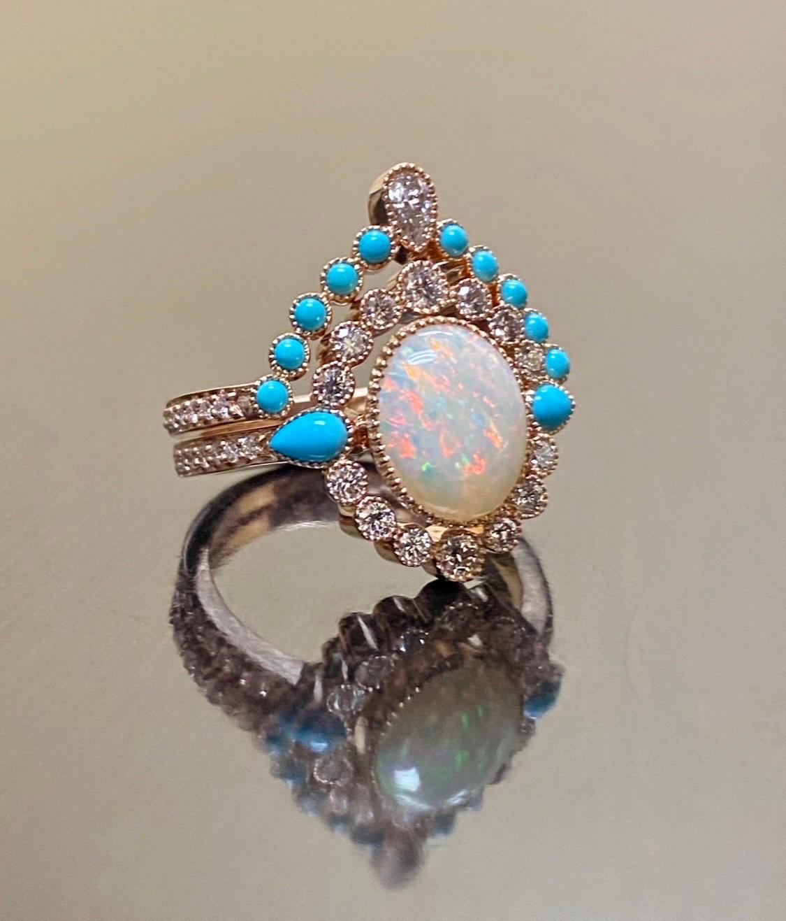 Art Deco Rose Gold Sleeping Beauty Turquoise Opal Diamond Engagement Bridal Set In New Condition For Sale In Los Angeles, CA