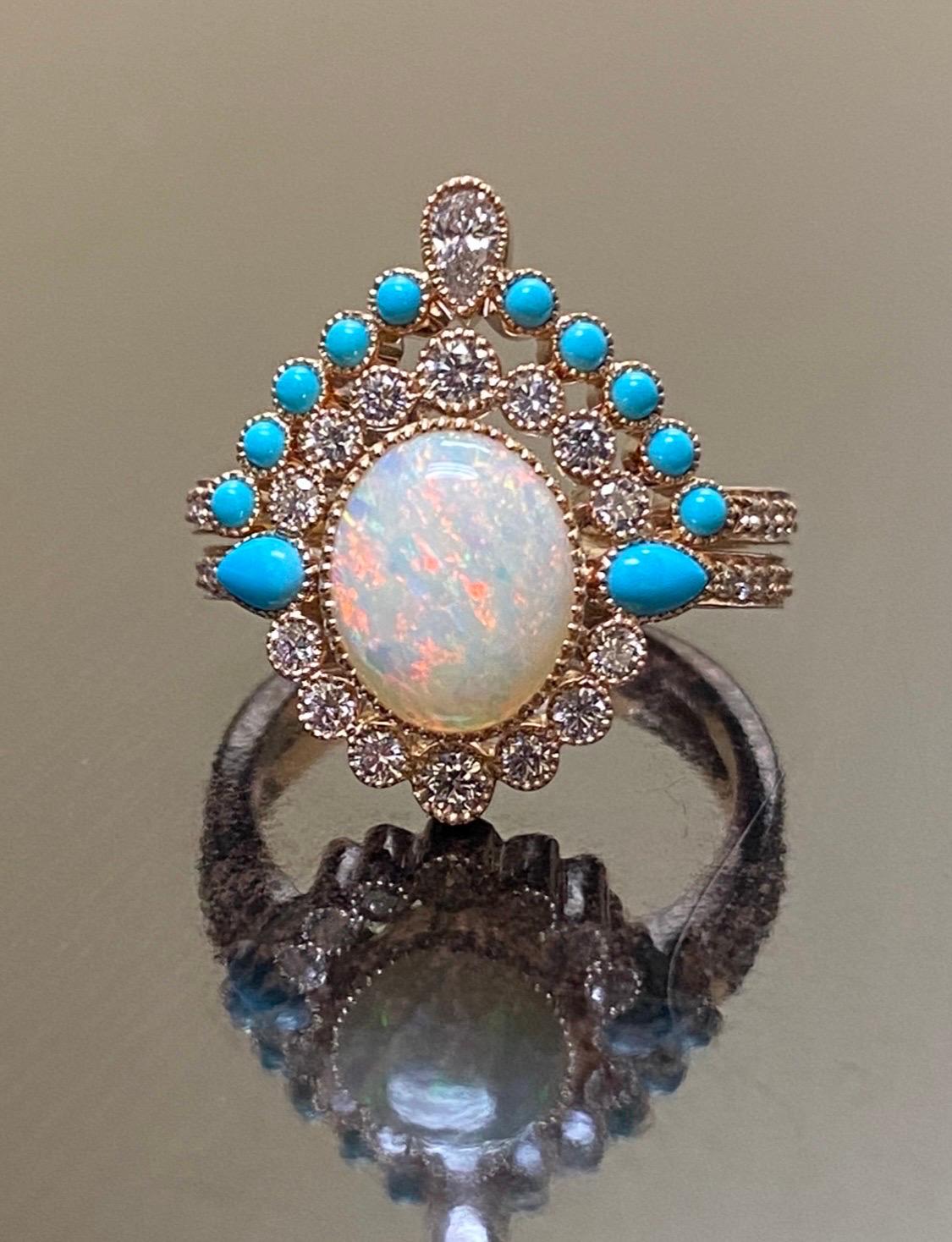 Women's Art Deco Rose Gold Sleeping Beauty Turquoise Opal Diamond Engagement Bridal Set For Sale