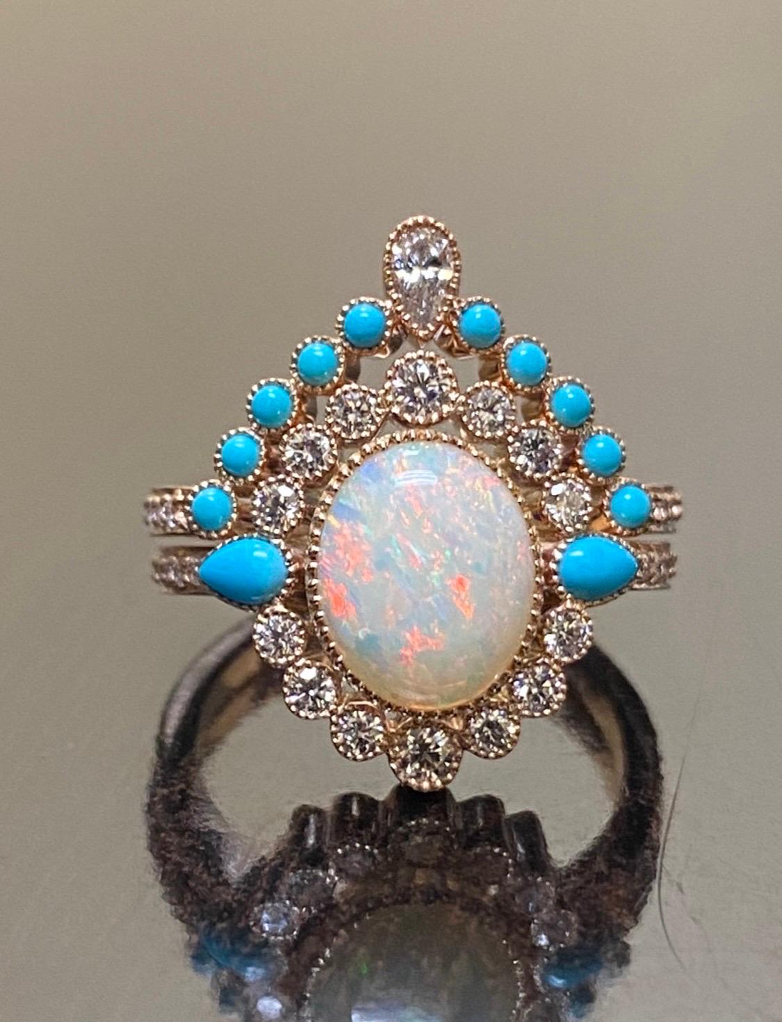 Art Deco Rose Gold Sleeping Beauty Turquoise Opal Diamond Engagement Bridal Set For Sale 2