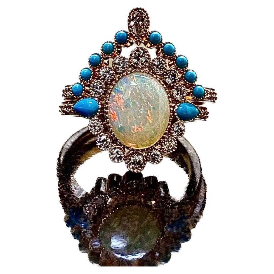Art Deco Rose Gold Sleeping Beauty Turquoise Opal Diamond Engagement Bridal Set For Sale