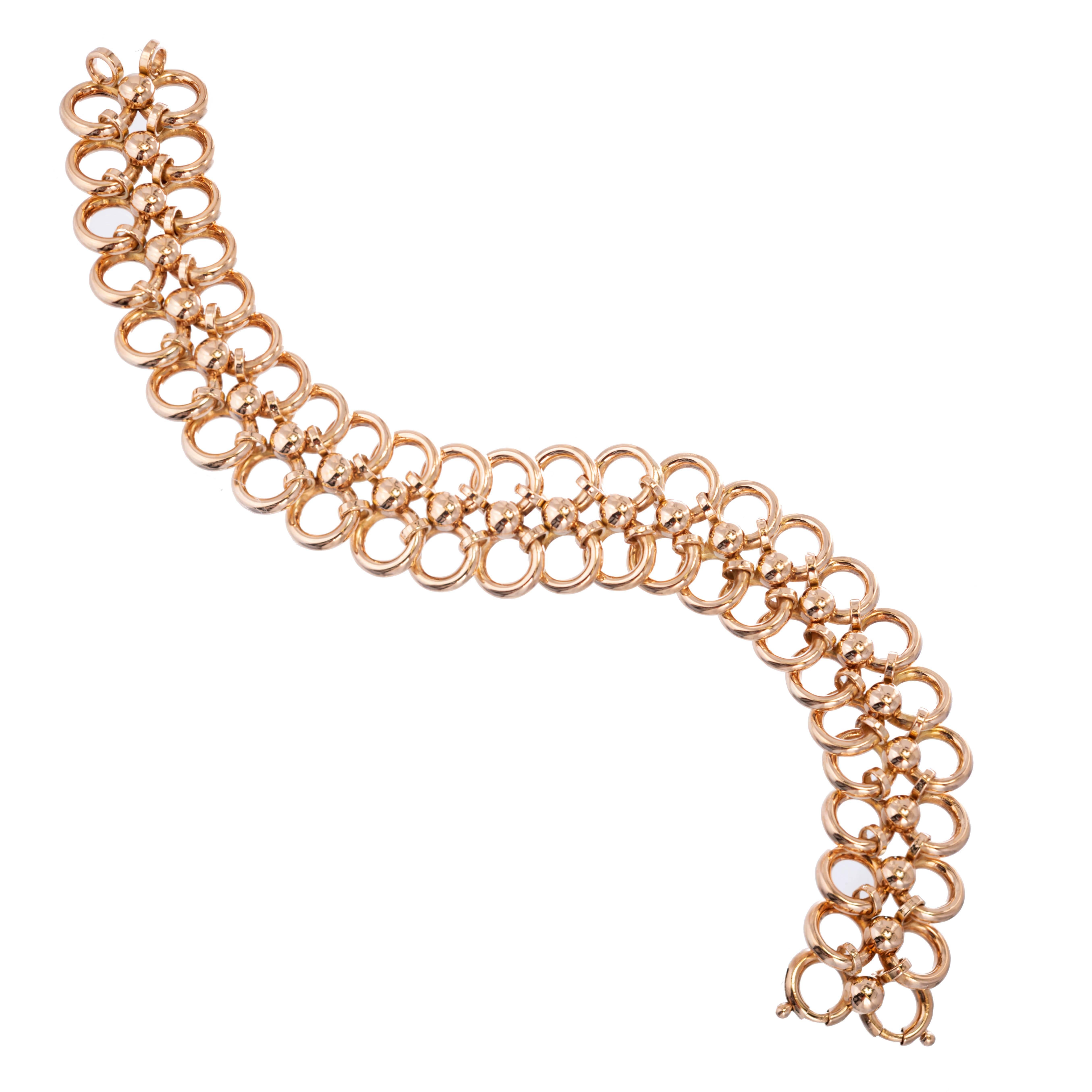 Art Deco Rose Gold Two-Row Wide Circle Link Bracelet In Good Condition In Stamford, CT