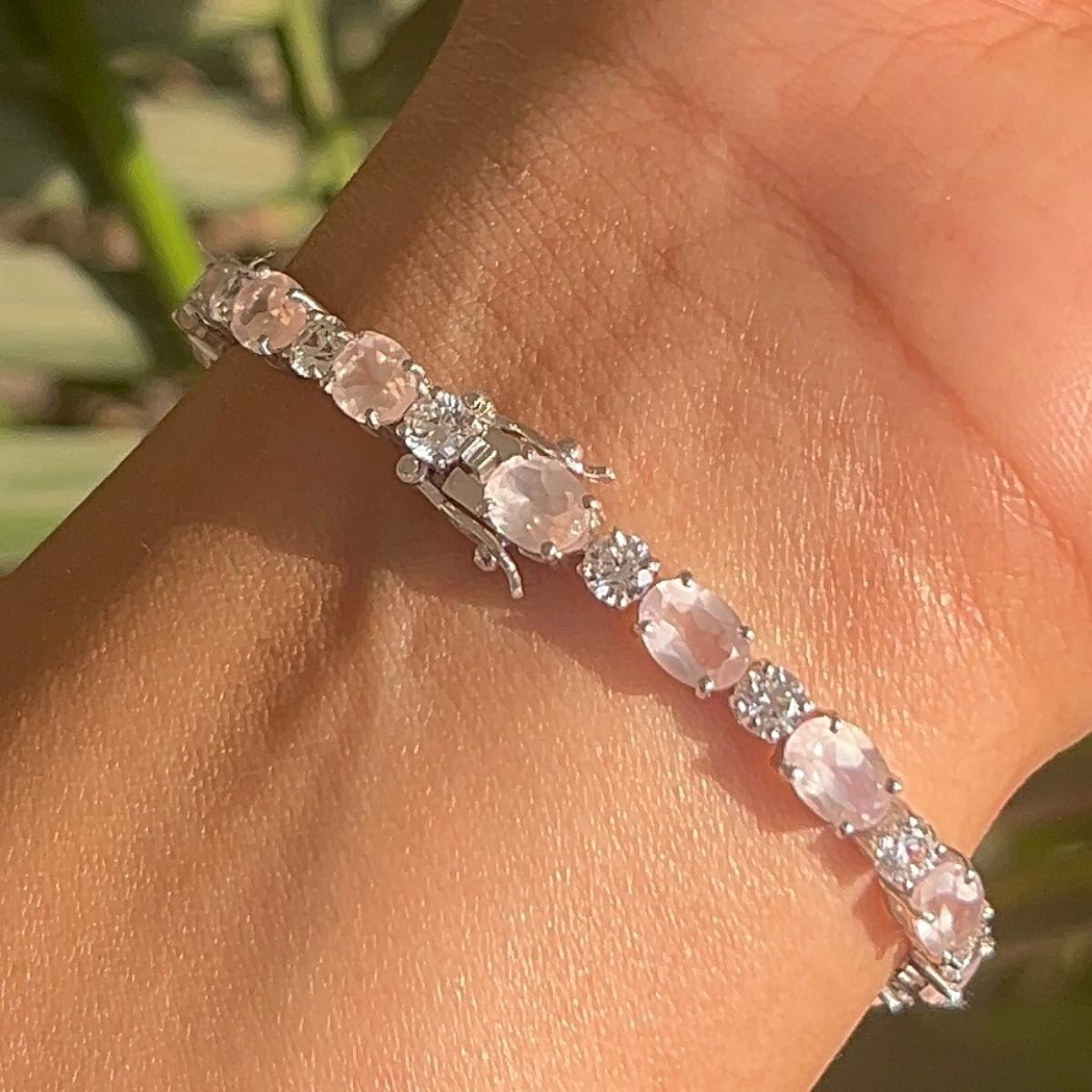 Contemporary Rose Quartz & CZ Womens Tennis Braclelet Gift for Her in 925 Silver For Sale 5
