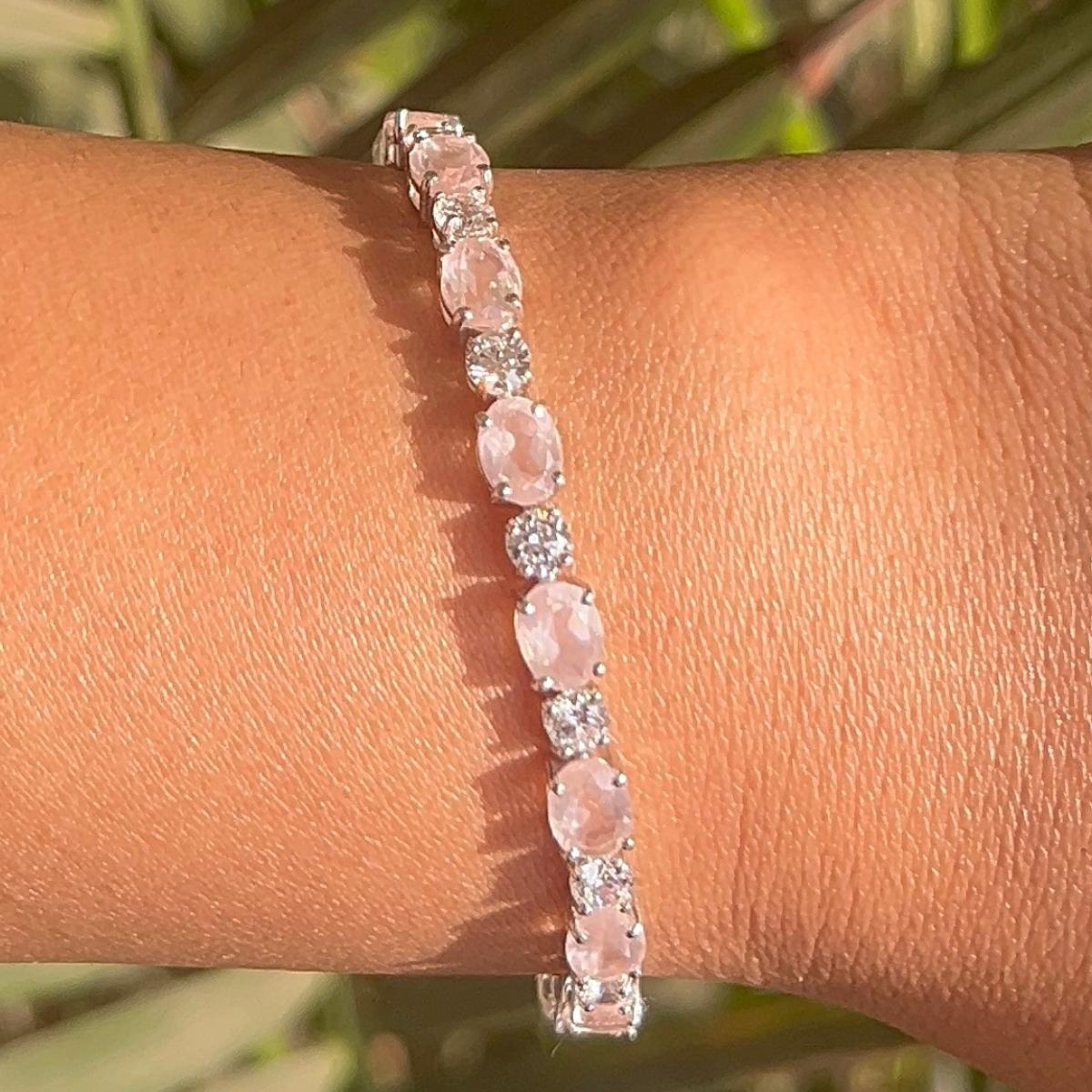 Contemporary Rose Quartz & CZ Womens Wear Tennis Braclelet in 925 Sterling Silver. You shall need statement tennis bracelet to make a statement with your look. Each piece features dazzling cubic zirconia stones, renowned for their brilliance and