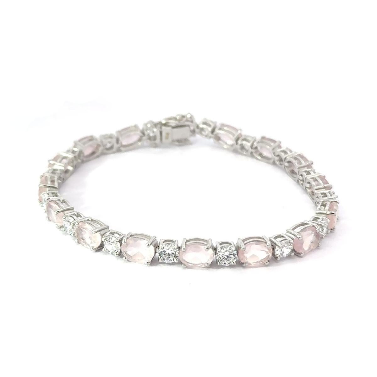 Mixed Cut Contemporary Rose Quartz & CZ Womens Tennis Braclelet Gift for Her in 925 Silver For Sale