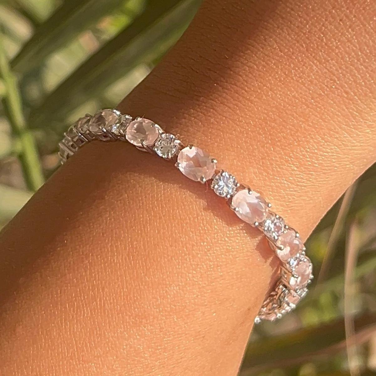 Contemporary Rose Quartz & CZ Womens Tennis Braclelet Gift for Her in 925 Silver In New Condition For Sale In New York, NY