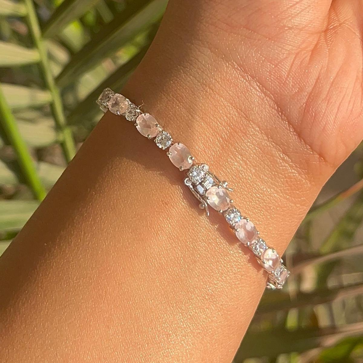 Contemporary Rose Quartz & CZ Womens Tennis Braclelet Gift for Her in 925 Silver For Sale 1
