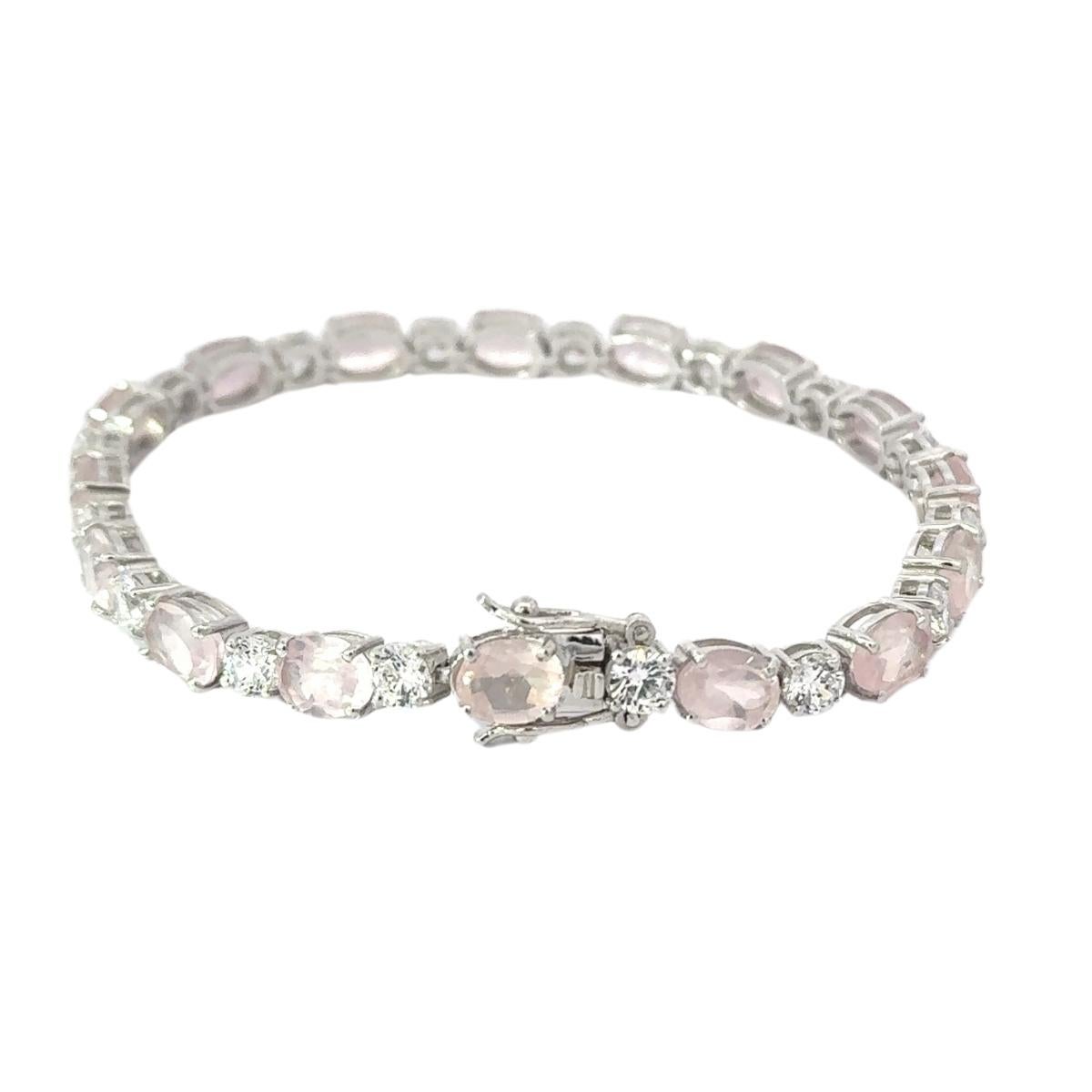 Contemporary Rose Quartz & CZ Womens Tennis Braclelet Gift for Her in 925 Silver For Sale 2