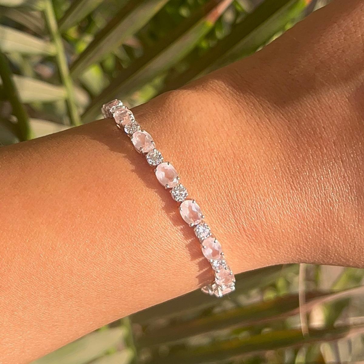 Contemporary Rose Quartz & CZ Womens Tennis Braclelet Gift for Her in 925 Silver For Sale 3