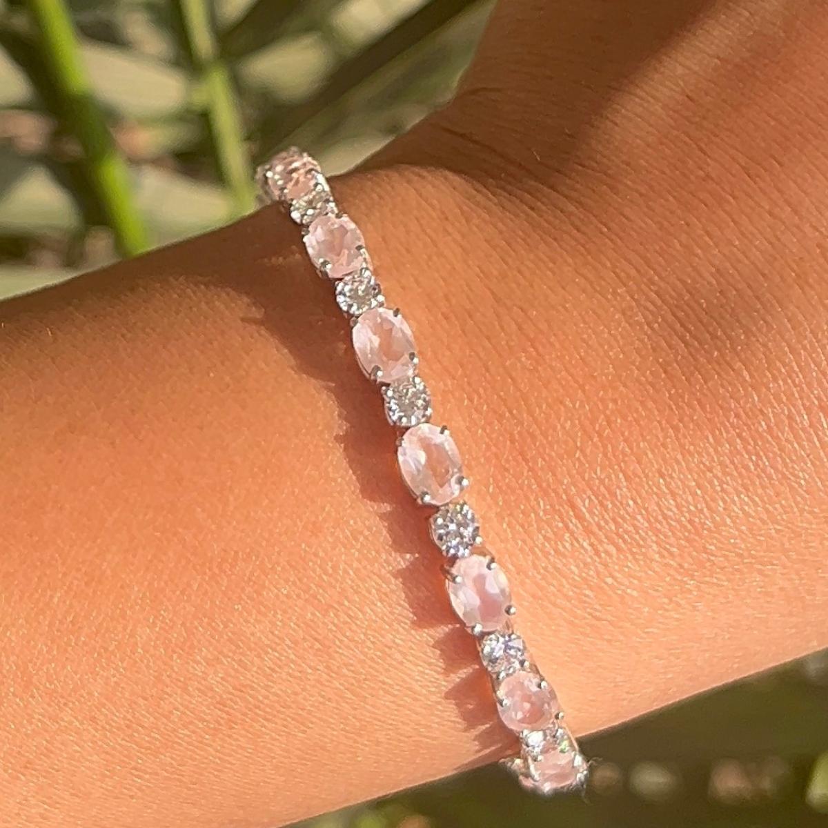 Contemporary Rose Quartz & CZ Womens Tennis Braclelet Gift for Her in 925 Silver For Sale 4