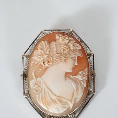 Art Deco Rose & White Carved Shell Portrait Cameo w/ 14kt White Gold Fittings