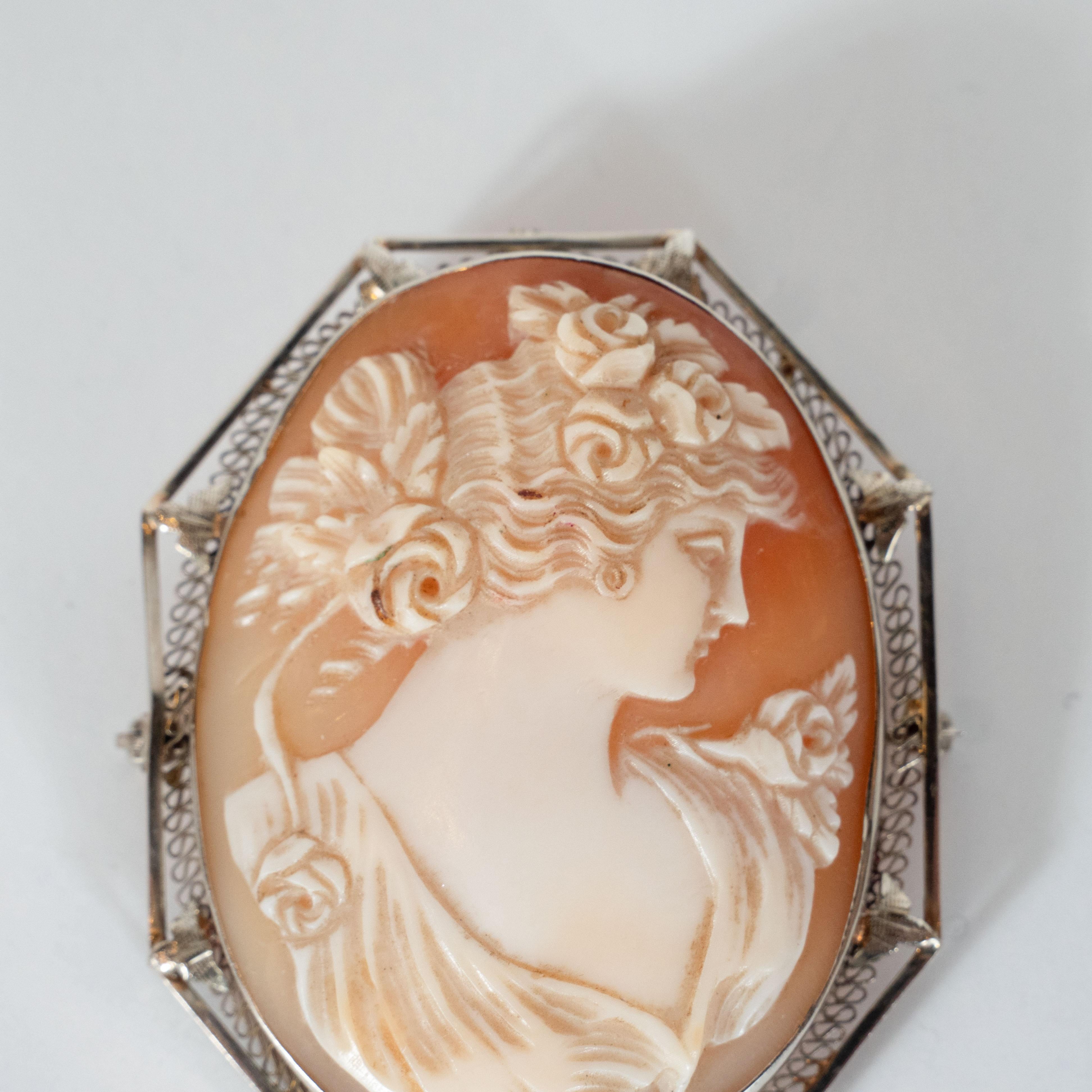 Art Deco Rose & White Carved Shell Portrait Cameo w/ 14kt White Gold Fittings In Excellent Condition In New York, NY