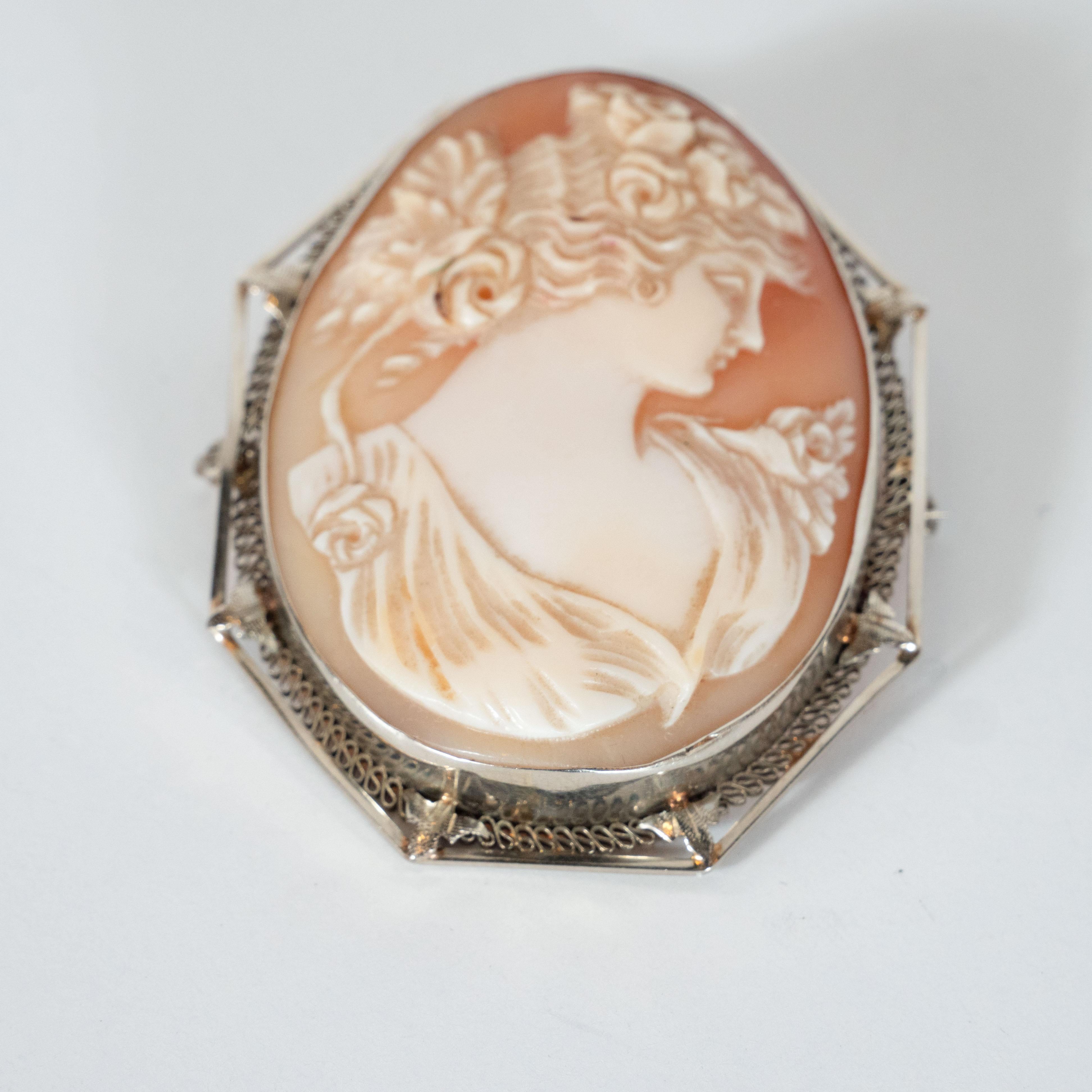 Women's Art Deco Rose & White Carved Shell Portrait Cameo w/ 14kt White Gold Fittings