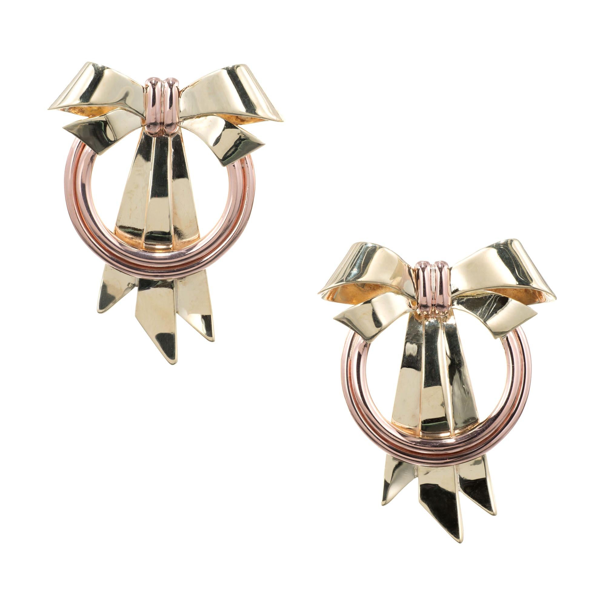 Art Deco Rose Yellow Gold Bow Earrings For Sale