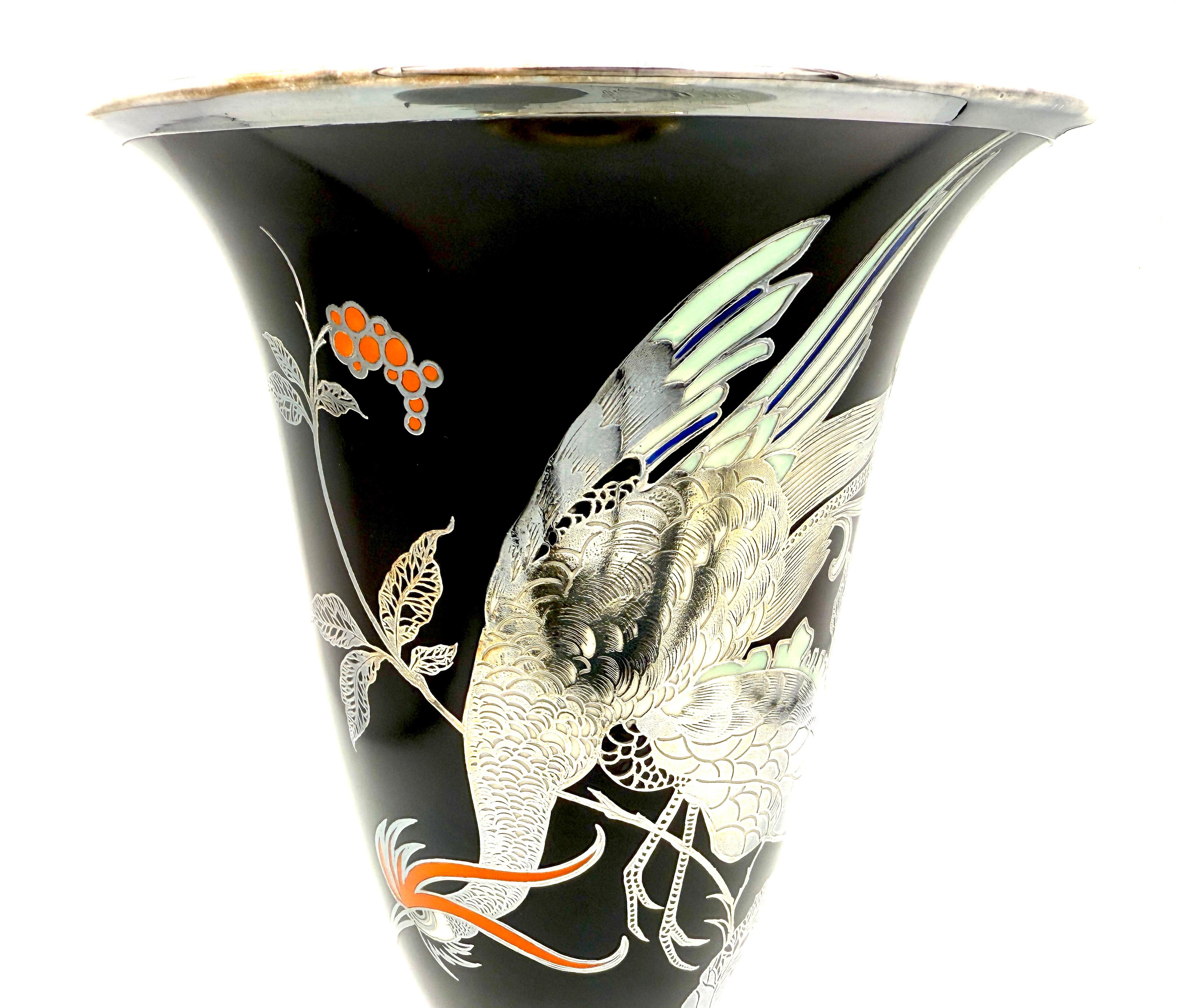 Art Deco Rosenthal Selb Painted Porcelain Silver Overlay Rooster In Flight In Good Condition For Sale In Munich, DE