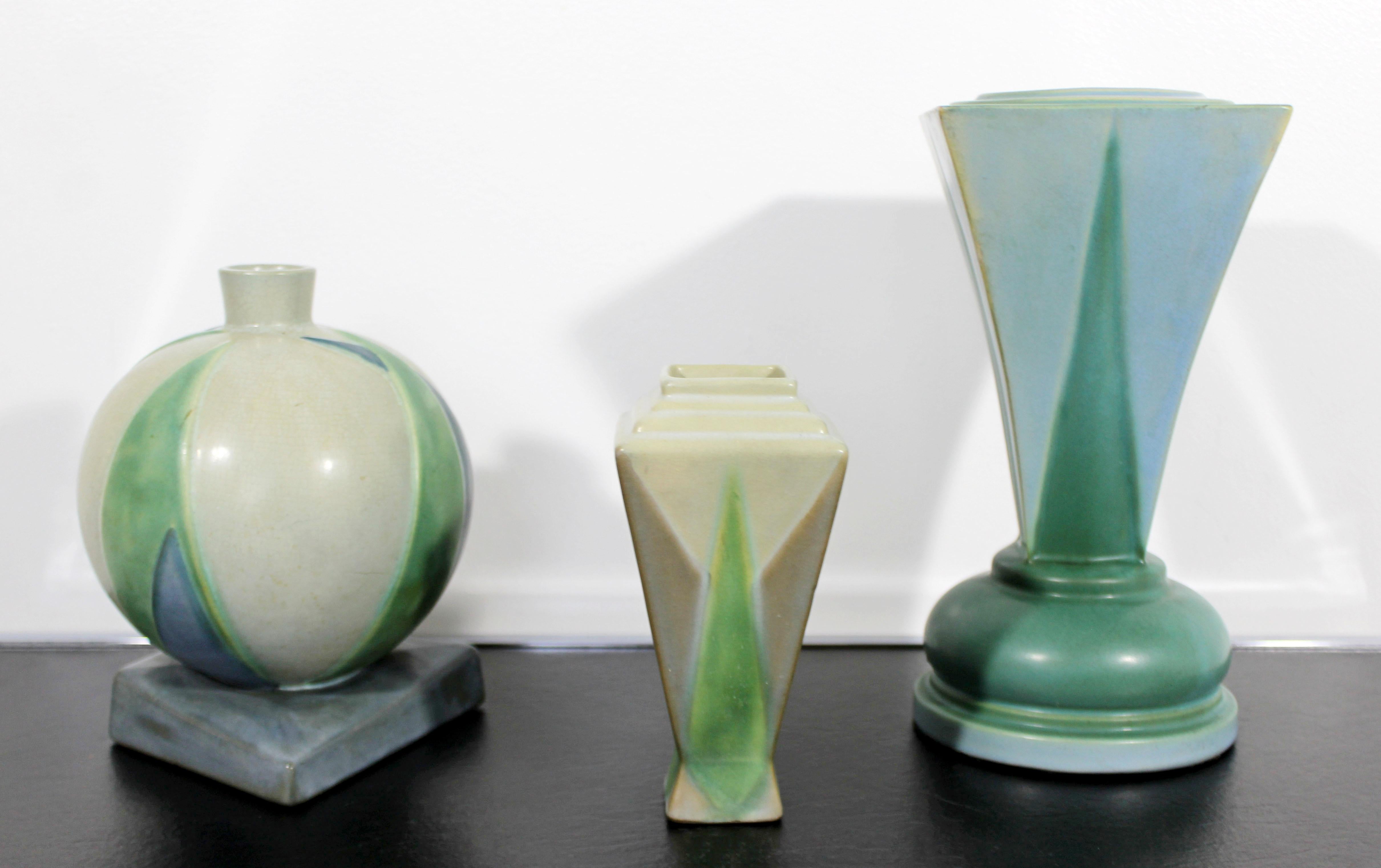 Art Deco Roseville Futura Lotus Leaf Ball Ceramic Art Vase Vessel Green Blue 1