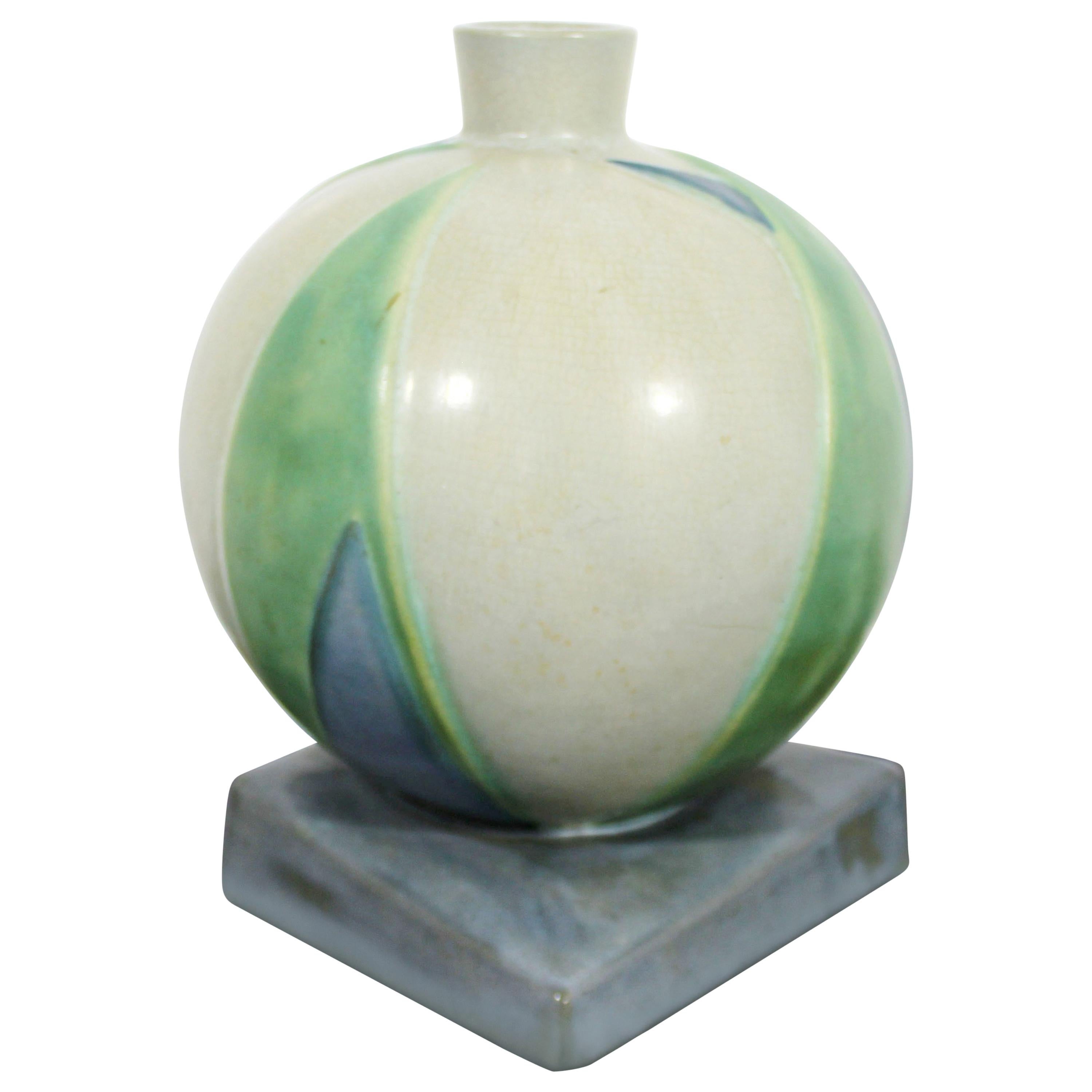 Art Deco Roseville Futura Lotus Leaf Ball Ceramic Art Vase Vessel Green Blue