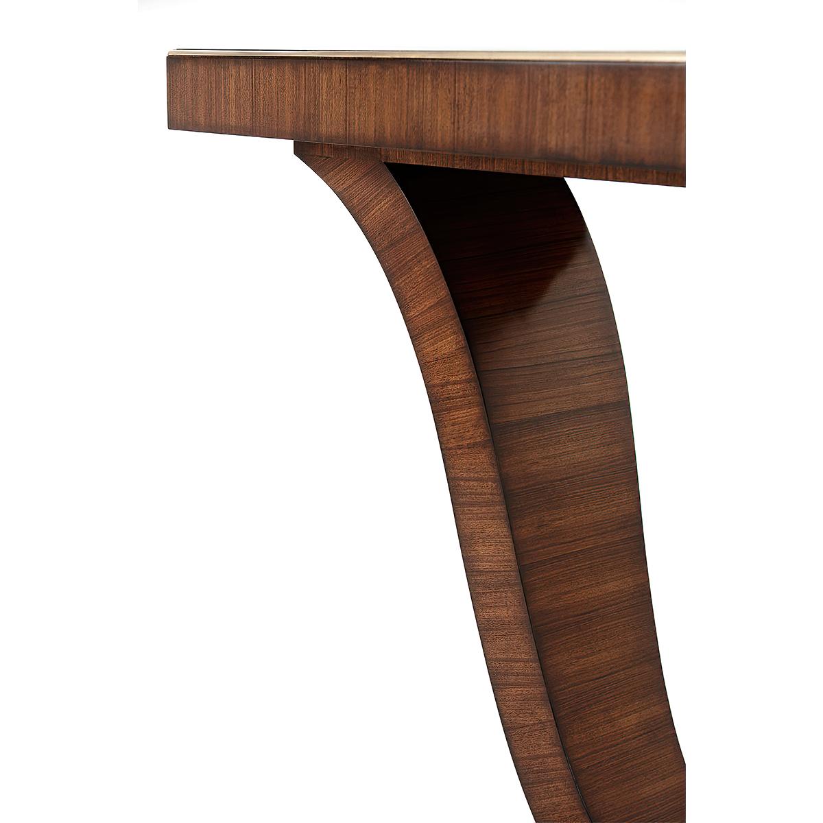 An Art Deco style rosewood and brass strung console table, the rectangular brass edged top above an in swept tulip base on a sweeping stepped plinth base.

Dimensions: 50