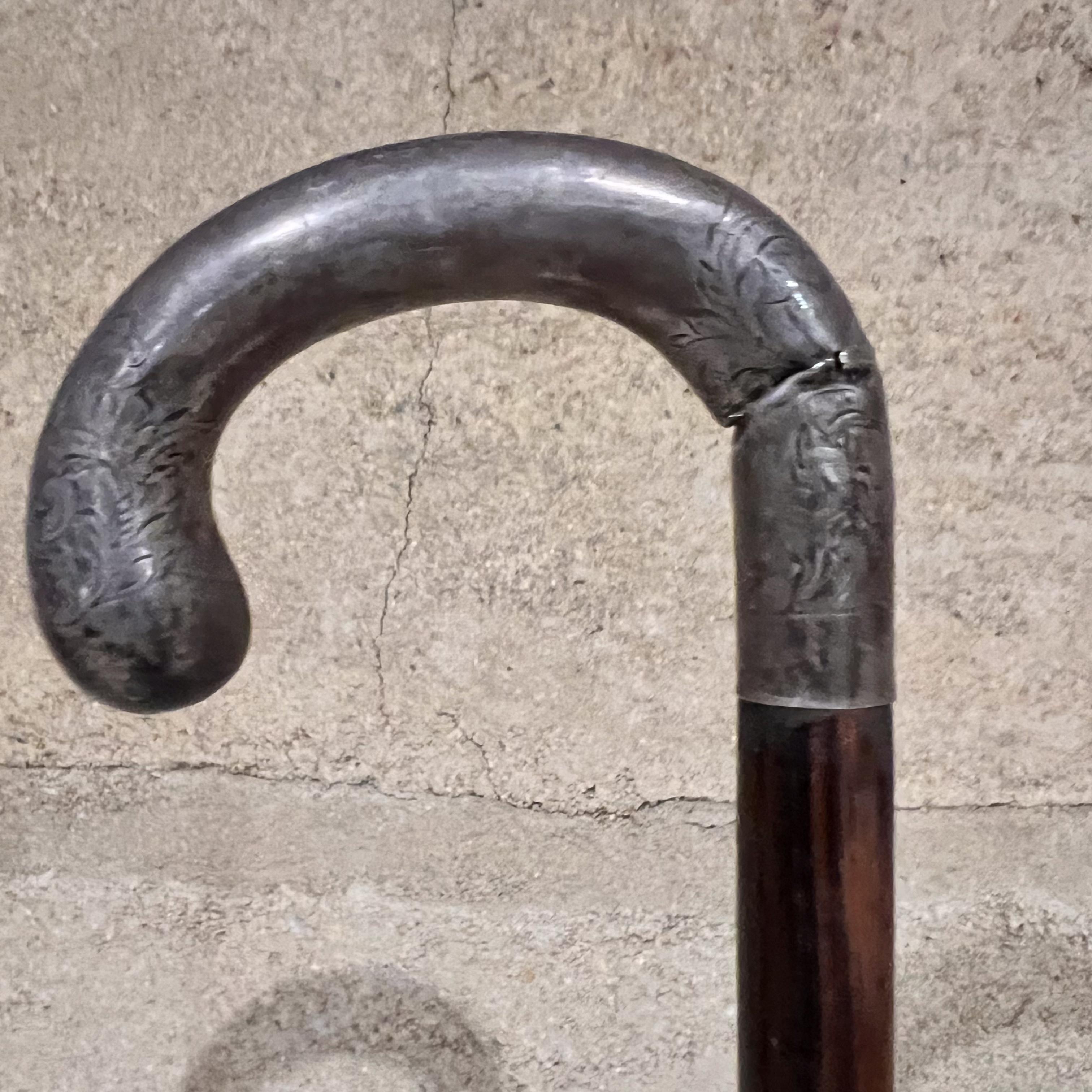 20th Century Art Deco Rosewood Walking Cane Sterling Crook Handle For Sale