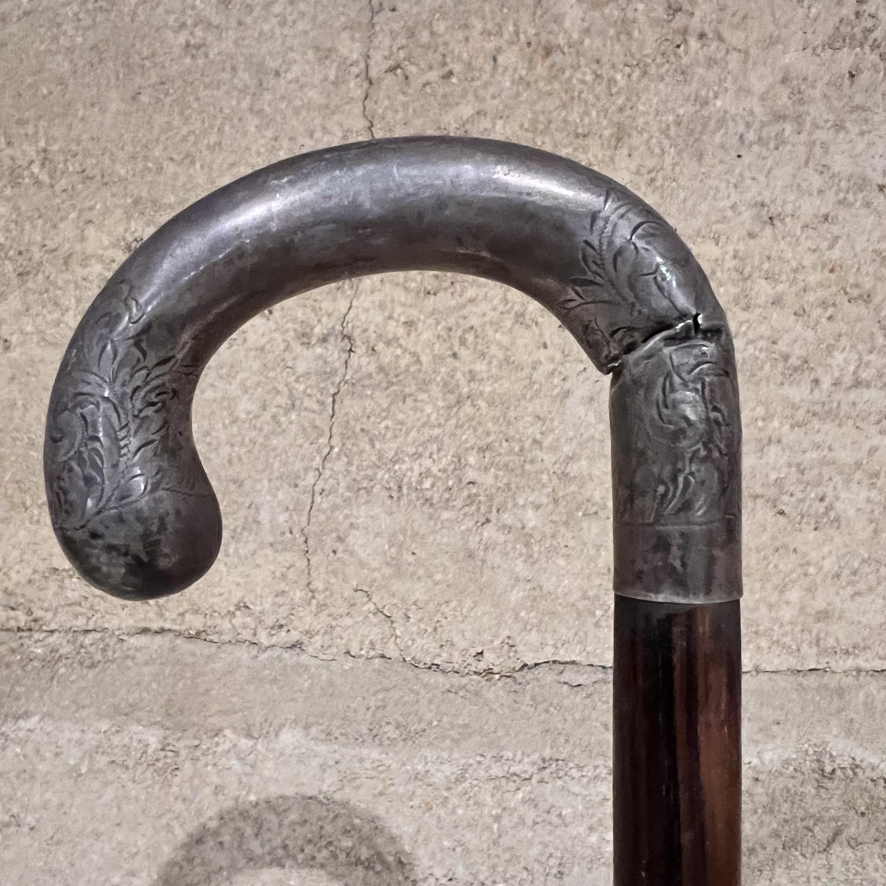 Silver Art Deco Rosewood Walking Cane Sterling Crook Handle For Sale