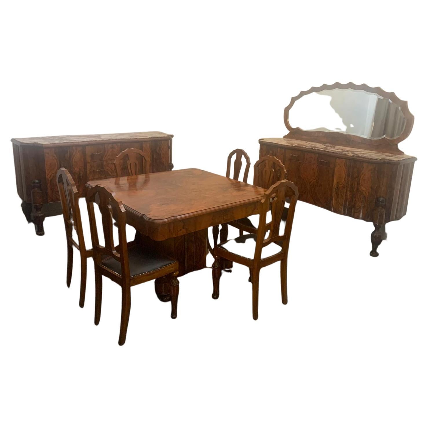 Art Deco Rosewood & Marble Dining Room Set, 1930s, Set of 10 For Sale