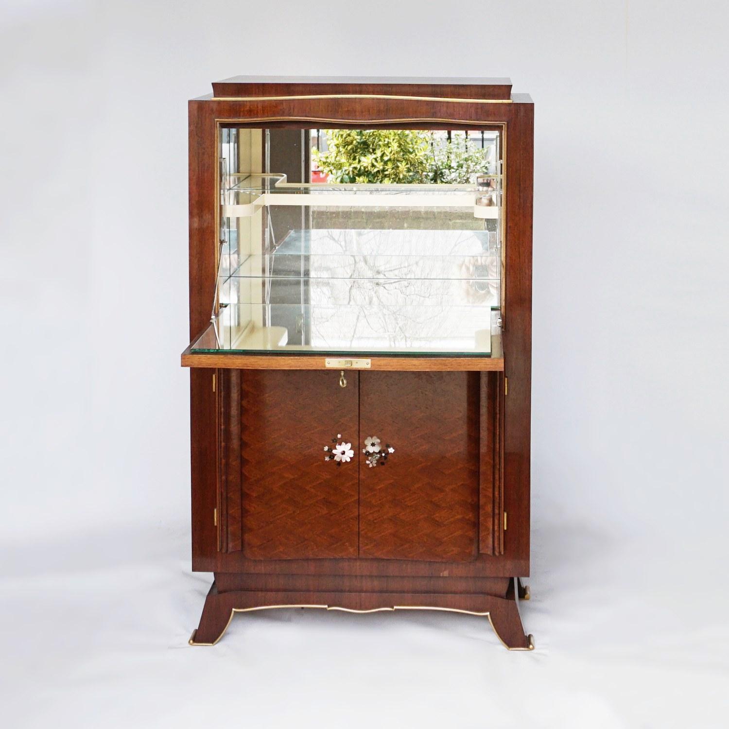 Bronze Art Deco Rosewood Marquetry Cocktail Cabinet by Jules Leleu